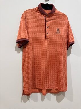 Greyson Scottsdale Orange Geo-Print Polo with Burgundy Trim size L LIKE NEW